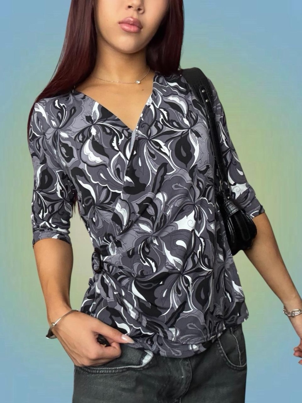 Jessica Grey Abstract Faux-Wrap Long Sleeve Top